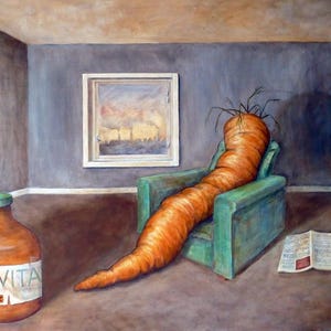 Optimización del crecimiento, arte instantáneo, zanahoria naranja, decoración de pared, archivo imprimible, zanahoria cansada, silla verde, habitación aburrida, JPG, Tillväxtoptimering