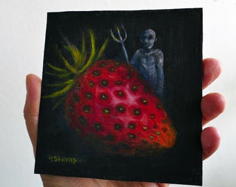 The Strawberry hunter. miniature oil painting on canvas panel, small vegetable art, hand made Eco-friendly art, fruit and human by Ilse