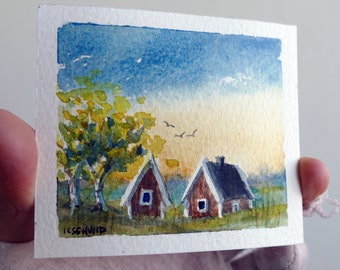 Original miniature watercolor, countryside landscape, tiny painting, aquarelle art, dollshouse wall decor, red houses, birch trees, blue sky