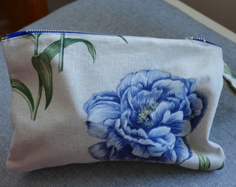 Zipper pouch, pencil-case, makeup-bag, small blue and beige floral fabric bag, home-sewn mini purse, small bag, gift for boho girl or boy.