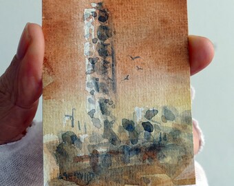 Turning torso, Malmö, original watercolor painting, view from my balcony. City in sunset, skyscraper, houses, impression  artist Ilse Hviid