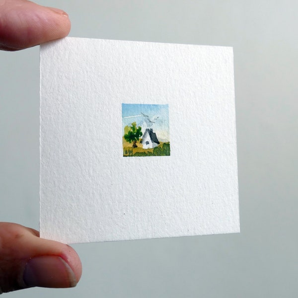 Mini landscape, watercolor painting. White countryside house. Original aquarelle art on acid free paper .Miniature handpainted paper art