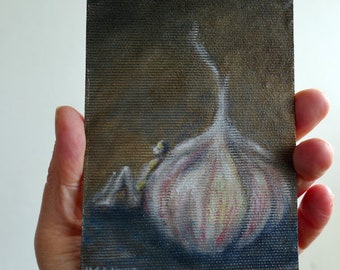 Garlic and human body, figure in soft colors. Original oil-painting on handmade canvas board. Miniature surreal still-life, foodie art