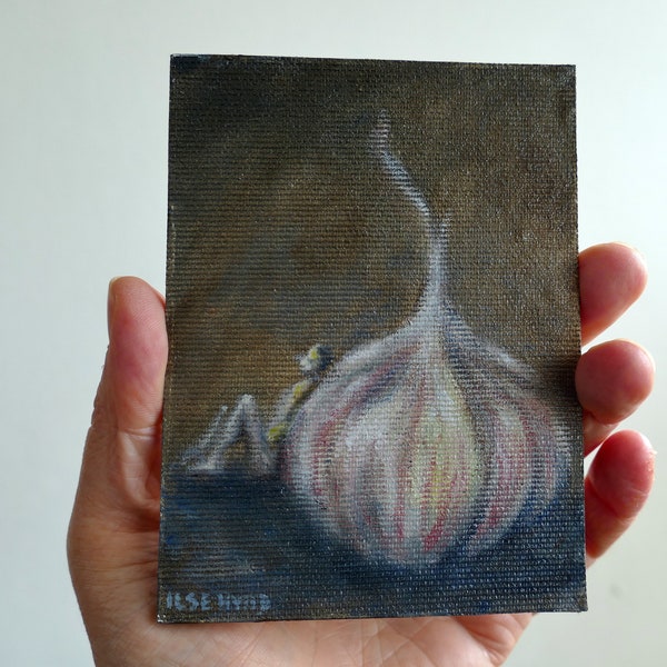 Garlic and human body, figure in soft colors. Original oil-painting on handmade canvas board. Miniature surreal still-life, foodie art