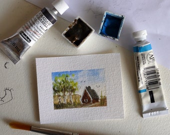 Swedish red cottages and  birch trees. Miniature landscape painting, original  art by artist Ilse Hviid. Tiny watercolor, dolls house art