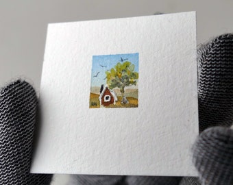 Miniature, watercolor, Swedish landscape, original by artist Ilse Hviid. Tiny, original, painting, dolls house decor, mini cottage and tree,