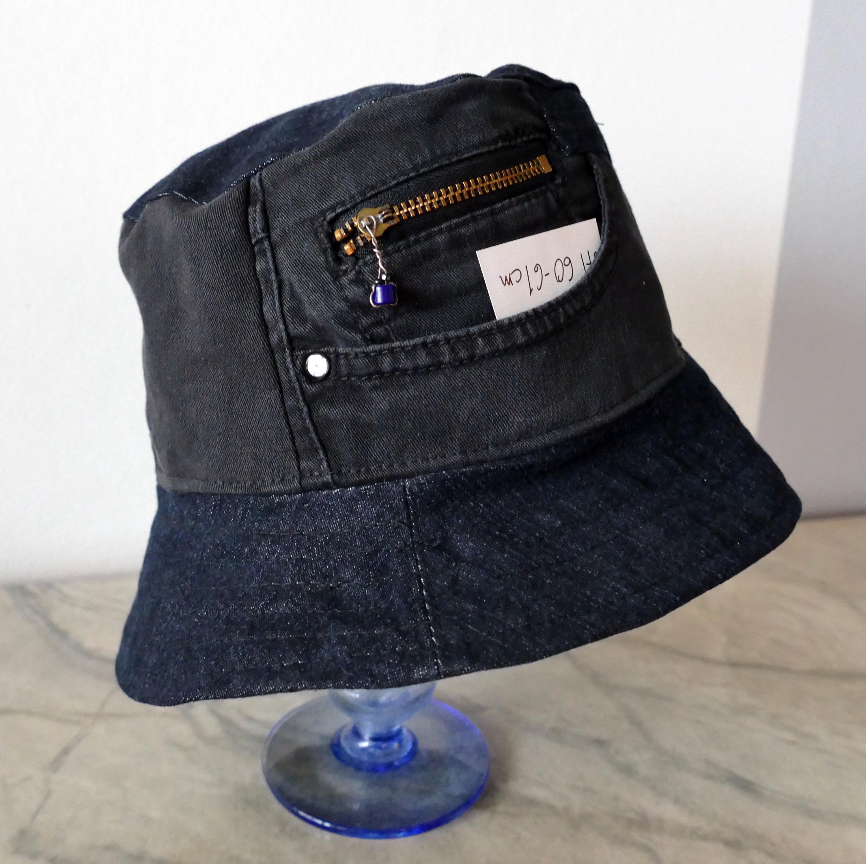 Black Denim Bucket Hat. Upcykled Denim Hat Size L. Pocket