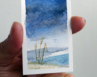 Ice blue landscape in winter. Impressionist watercolor miniature, original hand-painted art.  Blue and gray colors on acid free 300g paper.