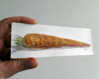 Carrot, original watercolor painting. Tiny art on acid free paper. Small hand-painted, orange veggie. Tasty root. Miniature food aquarelle,