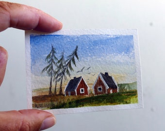 Miniature landscape, countryside cottage in soft watercolors. Tiny hand-painted dolls house art, red cottage, birds flying and trees.