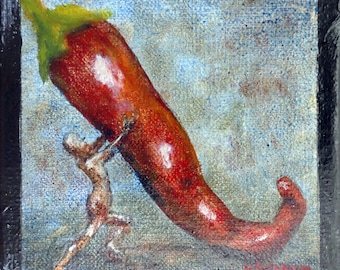 Strong Chilli. Mini original oil-painting on handmade canvas panel. Kitchen  wall decor, chilli lovers gift