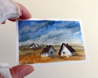 Landscape painting, original mini watercolor, small art, by artist Ilse Hviid. White houses, blue sky, countryside, ACEO original aquarelle