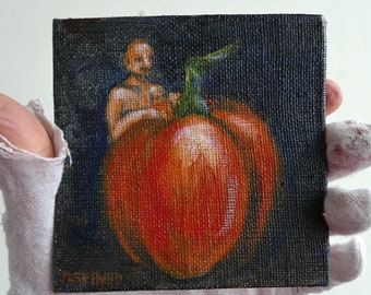 Red pepper fruit, original, mini  oil painting on canvas-board, kitchen art, small still life, tiny painting, veggie art, surreal human art