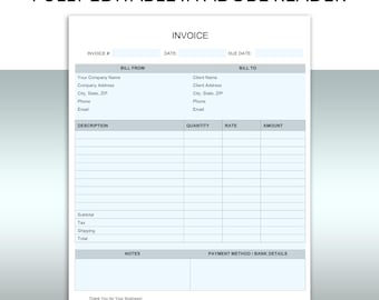 Modelo de fatura em PDF/Google Docs/Word, fatura comercial, personalizável, PDF para impressão, planilhas do Google, fatura editável, formulário de fatura personalizado