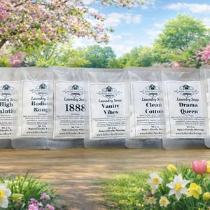 Puede incluir: Ocho bolsas de plástico transparente con detergente para ropa dispuestas en fila, cada una con una etiqueta blanca y texto negro. Las etiquetas muestran la marca The Lather Shack Soap Co y nombres de aromas como 1888, Clean Cotton y Drama Queen.