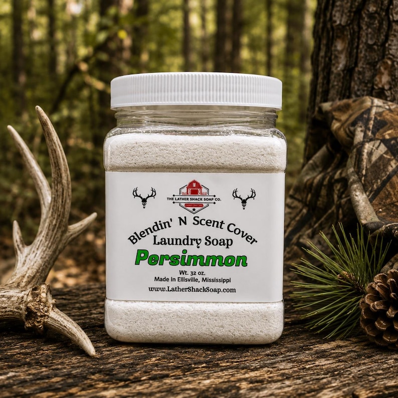 Puede incluir: Un frasco cuadrado de pl&aacute;stico transparente con tapa de rosca blanca que contiene detergente en polvo blanco. La etiqueta dice Blendin' N Scent Cover Laundry Soap Persimmon, Wt. 32 oz., Made in Ellisville, Mississippi, y www.LatherShackSoap.com.