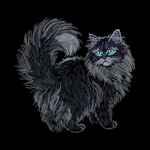 Peut inclure: Illustration détaillée d'un chat noir duveteux avec des yeux turquoise saisissants et une grande queue bouclée. La fourrure du chat est rendue avec un travail de ligne complexe, créant une apparence texturée sur un fond noir uni. L'œuvre capture la posture alerte du chat.