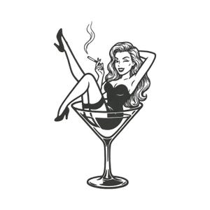 Martini Girl Machine Embroidery Design - Retro Pin Up Diva Sitting in Glass - 9 Formats 7 Sizes (4in-10in) - Vintage Burlesque Digital File