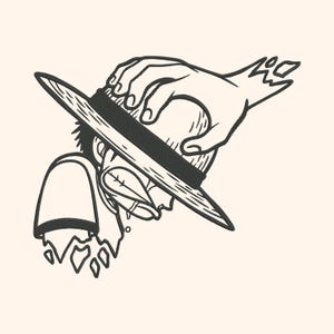 May include: A black and white embroidery design featuring a stylized character wearing a wide-brimmed straw hat. A large hand is shown pressing down on the top of the hat. The character has a visible scar on the cheek and a short-sleeved shirt.