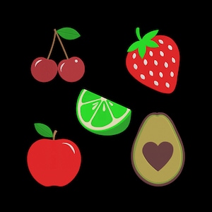 Peut inclure: Illustrations de fruits colorés sur fond noir. L'image comprend une paire de cerises, une fraise rouge, un quartier de citron vert, une pomme rouge et un avocat avec un noyau en forme de cœur.
