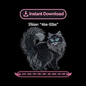 Peut inclure: Motif brodé d'un chat noir aux yeux bleus perçants, sur fond noir. La mention "Téléchargement instantané" est présente, avec des tailles allant de 10,16 cm à 30,48 cm.