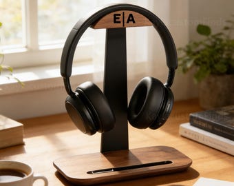 Gepersonaliseerde koptelefoonstandaard, gesneden notenhouten koptelefoonstandaard, gamingdesktopapparatuur, decoratie muziekstudio, bureaudecoratie.