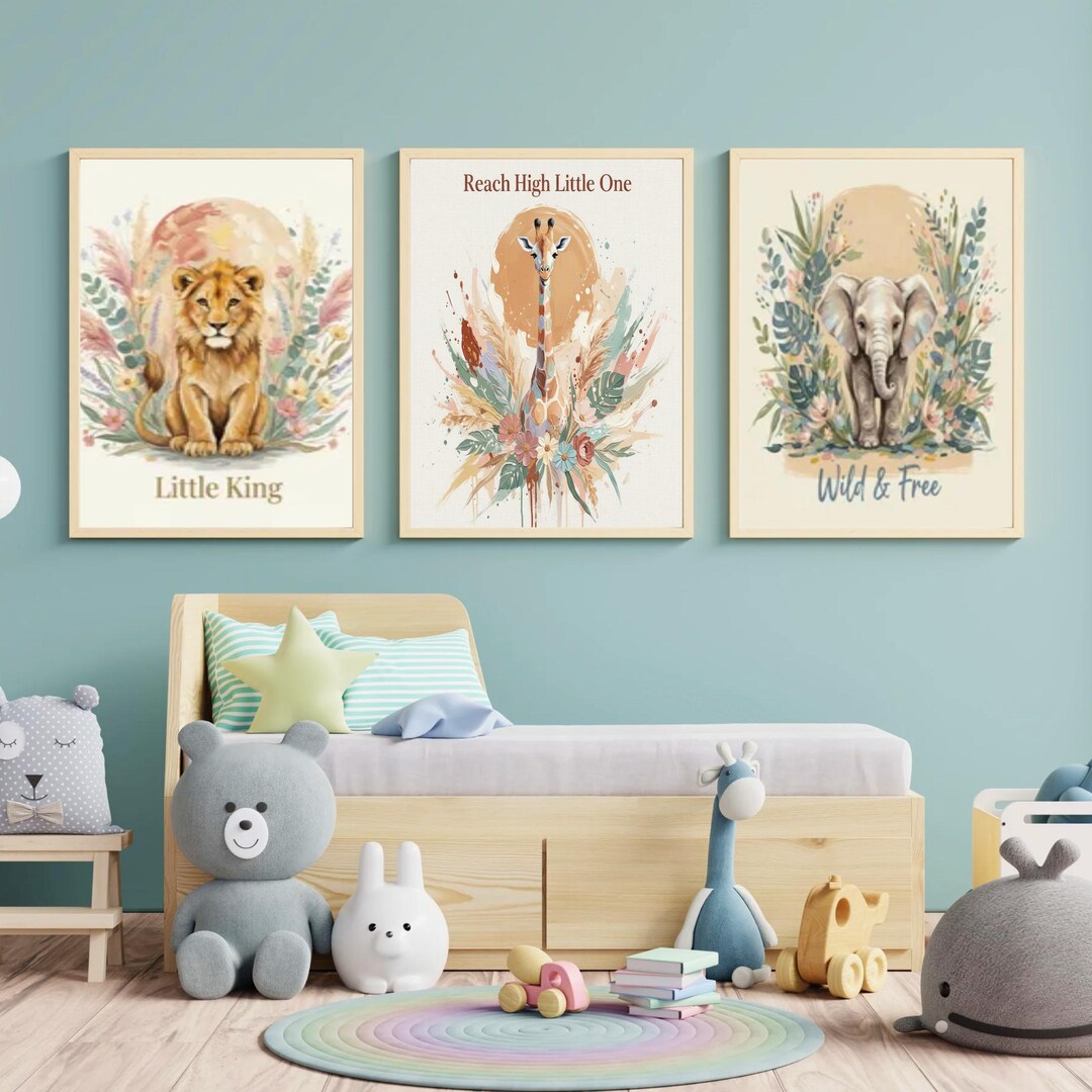 Safari Animal Nursery Print Set: Lion, Elephant, Giraffe Wall Art ...