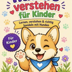 Può includere: Copertina di un libro per bambini con un cane corgi dei cartoni animati che fa l'occhiolino e saluta. Il titolo è "Hunde verstehen für Kinder" in lettere viola. Il tema del libro è la comprensione dei cani, con testo in tedesco.