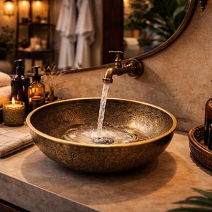 May include: A round, antique-style brass vessel sink with intricate embossed patterns, featuring a wall-mounted brass faucet pouring water into the basin. The sink is placed on a stone countertop alongside amber glass bottles and rolled white towels.