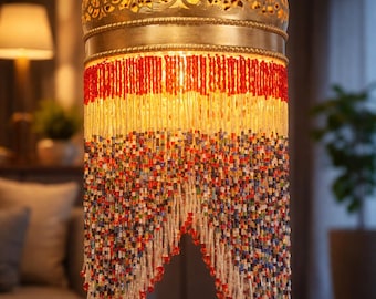 Handmade Brass Ceiling Light with Multicolor Beaded Fringe, Boho Decor