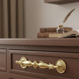 May include: A close-up of a wooden desk drawer with a decorative brass handle. The handle is ornate with a central grip and circular end plates. The desk is a dark brown color, and the background is blurred, showing a shelf with books and a plant.