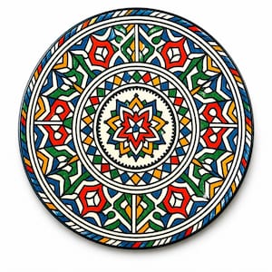May include: A round, decorative plate with a vibrant, geometric design. The plate features a central starburst pattern in red, yellow, and blue, surrounded by intricate shapes in green, red, blue, and yellow. The border is black with a thin, striped edge.