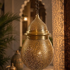Handmade Moroccan Brass Lantern, Vintage Ceiling Pendant Light, Islamic Hanging Lamp, Boho Home Decor