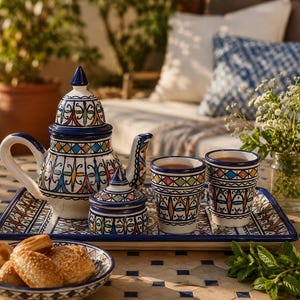 Può includere: Servizio da tè in ceramica con teiera, zuccheriera e due tazze, tutti con base bianca e intricati motivi blu, gialli e rossi. Il set è su un vassoio abbinato, insieme a una ciotola di pasticcini. Atmosfera accogliente.