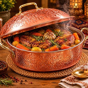 Op de afbeelding: Een koperkleurige, sierlijke kookpot met een deksel, gevuld met gekookt voedsel. De pot heeft goudkleurige handvatten en staat op een geweven mat. Het voedsel omvat geroosterde groenten en vlees, met stoom die uit de pot opstijgt.