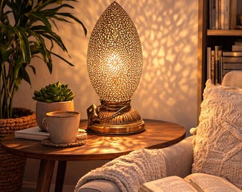 Handmade Moroccan Brass Table Lamp, Intricate Pierced Metal, Boho Decor (25 cm)