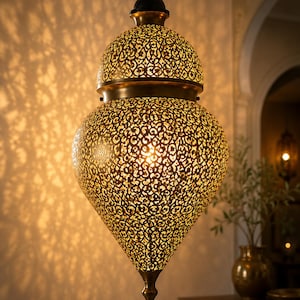 Large Moroccan Brass Pendant Light Handmade Filigree Ceiling Lantern Chandelier Decor.