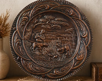 Plato de cobre vintage de 32 cm con escena rústica de granja, decoración de pared hecha a mano