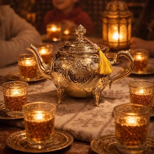 Könnte beinhalten: Ein goldenes Teeservice mit aufwendigem, graviertem Design, einschließlich einer Teekanne und kleinen Gläsern auf Untertassen. Kerzen in den Gläsern und eine Laterne erzeugen eine warme, einladende Atmosphäre. Eine gelbe Quaste hängt am Deckel der Teekanne.
