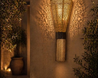 Lámpara de pared marroquí de latón, farol arabesco hecho a mano, decoración de iluminación vintage de lujo