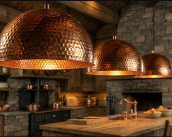 Lámpara colgante de cúpula de cobre martillado, iluminación rústica para isla de cocina, lámpara de techo estilo bohemio