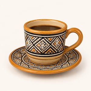 Zestaw ręcznie malowanych marokańskich ceramicznych filiżanek do kawy – rustykalny, geometryczny kubek do espresso ze spodkiem
