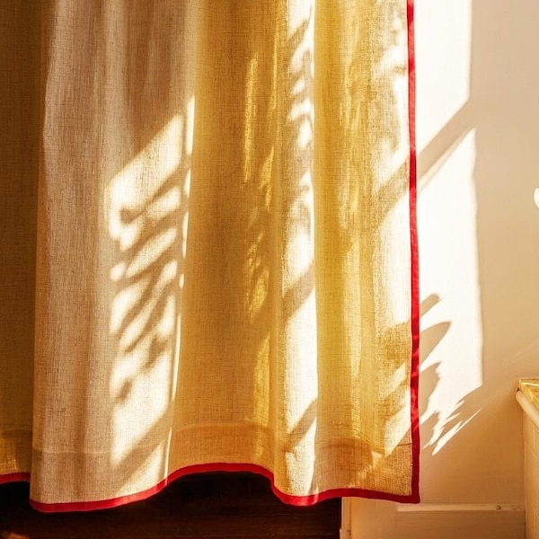 Style Linen Curtain with Handmade Trim Edges - Linen Curtain with Back Top for Bed Room- Tie Top Drape- Rustic Linen Curtain for Living Room