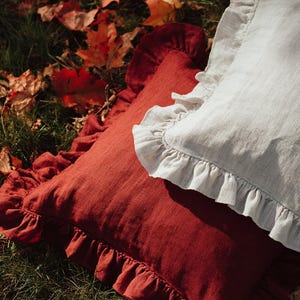 May include: Two decorative cushions with ruffled edges. One cushion is a deep red colour, and the other is a light grey. The cushions are resting on green grass with fallen autumn leaves scattered around them.