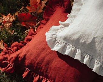 Elegant Linen Pillow Case with Ruffles- Zipper Closure Ruffled Pillow Cover- Envelope Closure  Linen Cushion Covers- Handmade Gift
