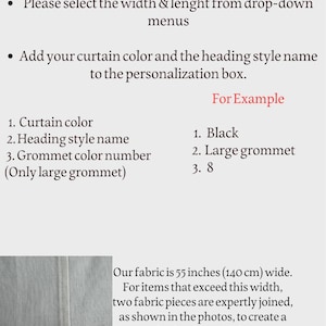 May include: Text instructions on a white background with red headings. The text explains how to order curtains, including selecting width and length, and adding color and style details. The fabric is 55 inches (140 cm) wide.