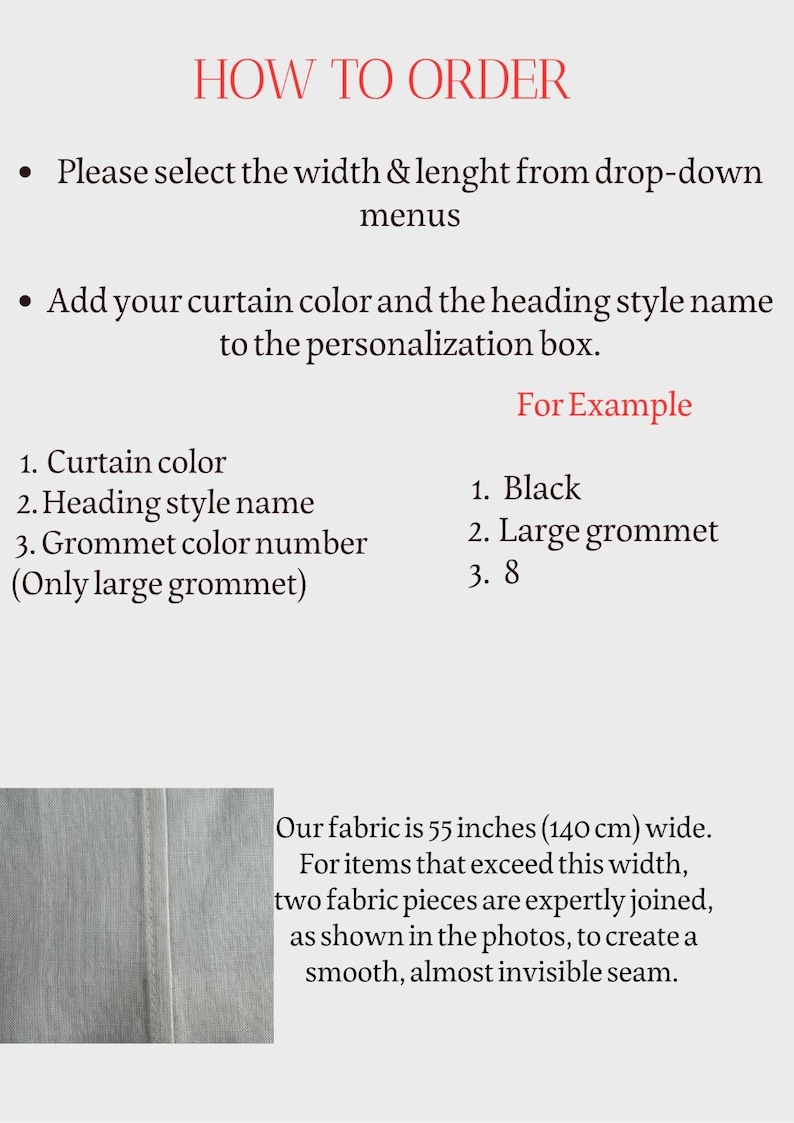 May include: Text instructions on a white background with red headings. The text explains how to order curtains, including selecting width and length, and adding color and style details. The fabric is 55 inches (140 cm) wide.
