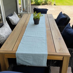 K&ouml;nnte beinhalten: Ein rechteckiger Esstisch aus hellem Holz im Freien mit einem hellblauen Tischl&auml;ufer. Der Tisch ist von schwarzen Korbst&uuml;hlen mit marineblauen Kissen und gemusterten Kissen umgeben. Auf dem Tisch steht eine kleine Topfpflanze.