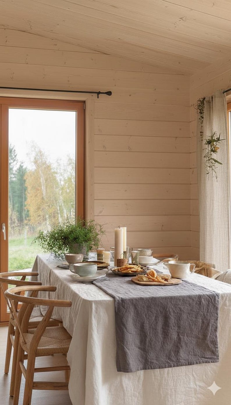 May include: A dining table set for a meal, featuring a white tablecloth with a gray runner. The table is set with plates, bowls, cups, and candles. Wooden chairs are positioned around the table, and a window offers a view of a natural landscape.