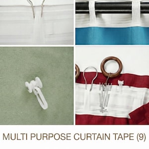 May include: A collage of images showcasing curtain heading styles. Includes close-ups of curtain tape, hooks, and rings. The text reads: "MULTI PURPOSE CURTAIN TAPE (9)" and lists features like working with rods, tracks, or clips, multiple back channels, easy hook fit, and clips for pleats.